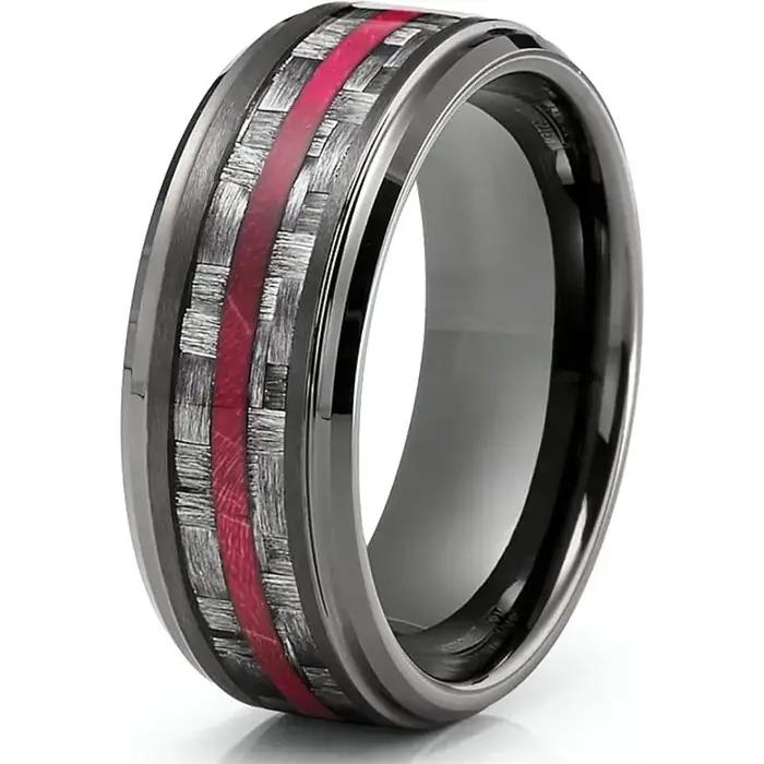 Anneau de mariage en acier inoxydable serti de fibre de carbone pour homme et femme occasions spéciales romantiques et cadeaux d'anniversaire