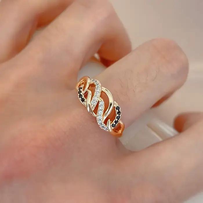 Bague en or rose 585 avec zircon noir naturel vintage pour mariage et occasions spéciales pour femmes