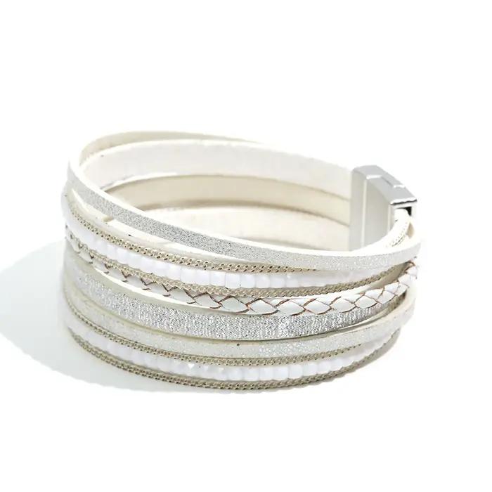 Femme multicouche en cuir enveloppé Bracelets cristaux perle manchette Bracelet Style ouest asiatique fille mode bijoux cadeau d'anniversaire