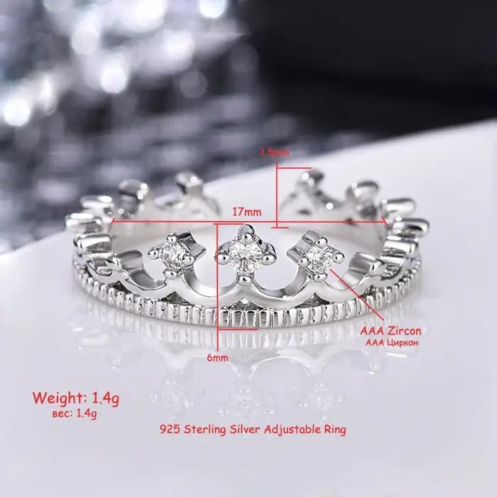 Bague couronne en argent 925 sertie de zirconium pour femmes et filles, ajustable, idéale pour les soirées de gala et les occasions spéciales