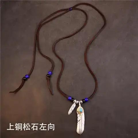 Collier en corde de cuir avec pendentif Turquoise en plumes rétro indiennes