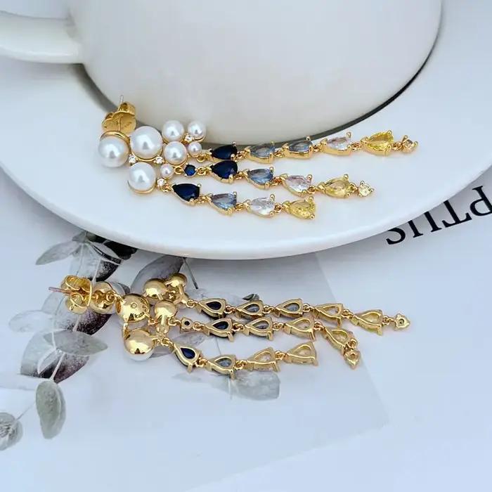 Edward Era rétro perle Bijoux pour femmes 14K or rempli bleu pierre précieuse