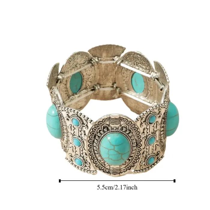 Bracelet élastique large tribal style campagnard occidental anneau à main turquoise style ethnique européen américain or jaune clair rhodium or