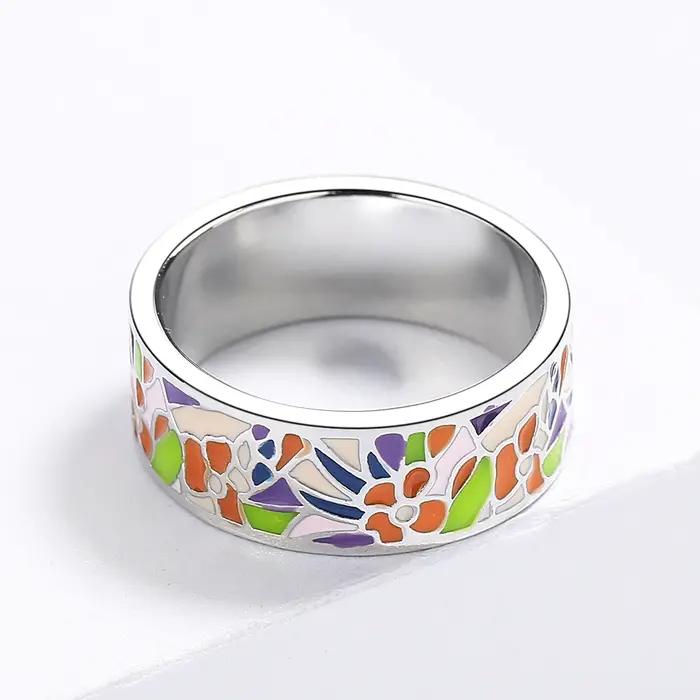 Bague de cocktail en émail coloré avec motif floral, bague de fiançailles pour femmes, bijou d'engagement, cadeau d'anniversaire, haute qualité