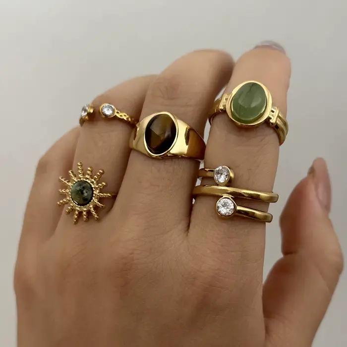 Ensemble de 6 bagues vintage françaises en pierres mélangées pour femmes et hommes, couleur or, motif soleil, signet, cristal, anneaux ouverts, bijoux à empiler, cadeau
