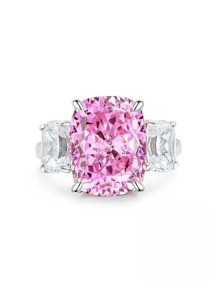 Bague rectangulaire rose à quatre griffes en argent Sterling 925
