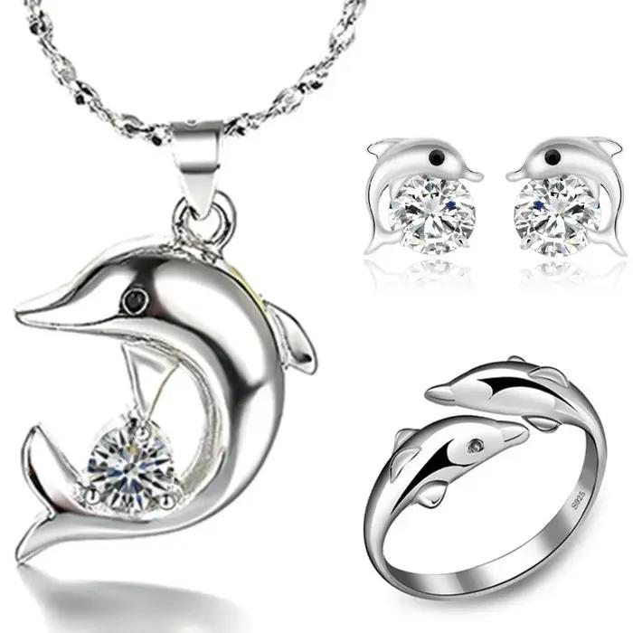 Ensemble de collier et boucles d'oreilles en forme de dauphin en argent Sterling S925
