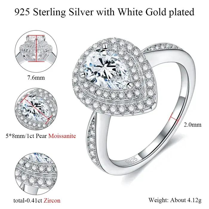 Bague de fiançailles LinkerLove en argent S925 avec moissanite taille poire 1 carat et double halo d'accentuations en