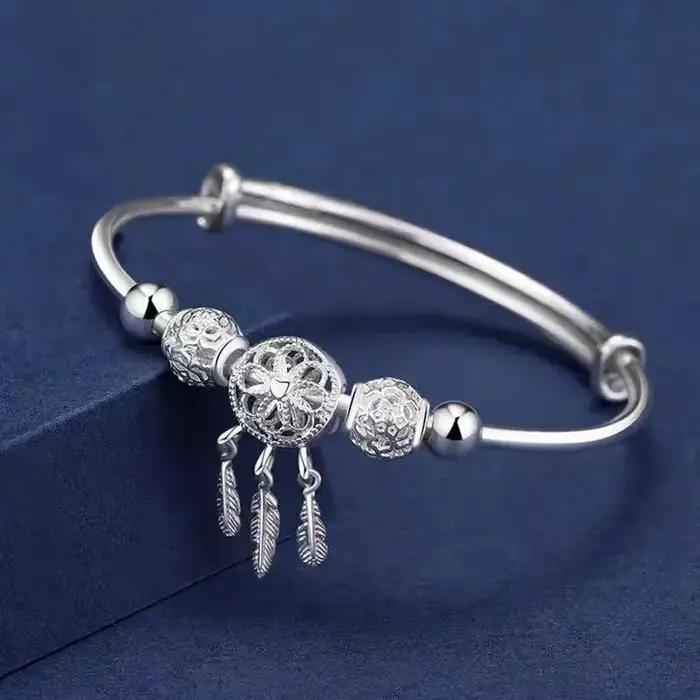 Bracelet en argent Sterling 925 attrape-rêves perles feuilles pompon élégant pour femmes occasions spéciales cadeau