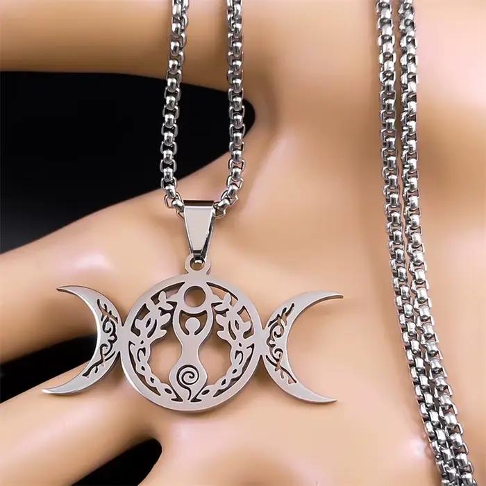 Sorcière Triple lune déesse Luna collier pour femmes hommes acier inoxydable couleur argent amulette Hecate chaîne