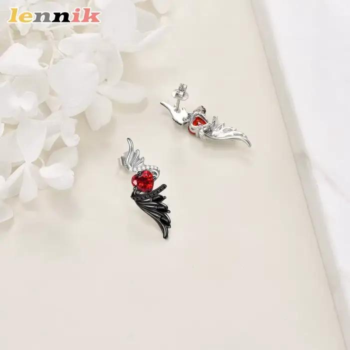 Boucles d'oreilles à ailes gothiques, clous de démon d'ange avec cœur de rubis rouge, bijoux en strass transfrontaliers, cadeau de bijoux de mode de Festival gothique