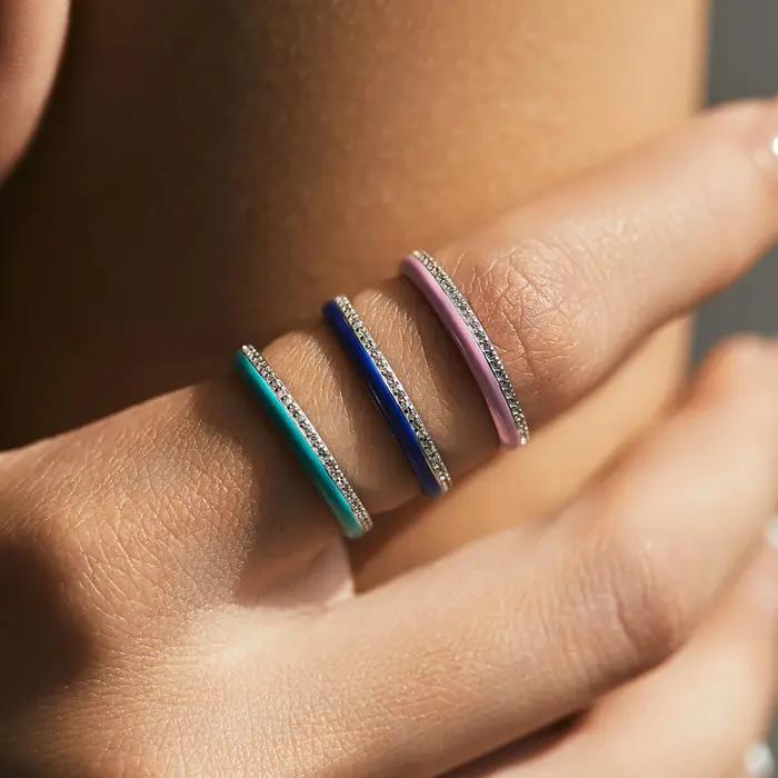 Bague en argent sterling 925 sertie de zirconium blanc et émail bleu pour femmes, bagues de fête empilables, bijoux finement travaillés, alliance de mariage pour occasions spéciales