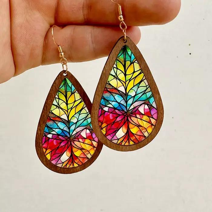 Boucles d'oreilles en mosaïque de verre coloré pour femmes, nouveau modèle 2024, motif kaléidoscope, bois, acrylique, colorées et brillantes, boucles d'oreilles statement, vente en gros