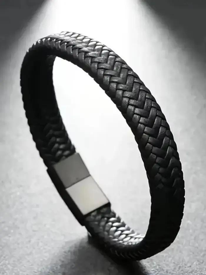 Bracelet en cuir tressé noir classique avec fermoir magnétique, fermoirs robustes et élégants pour h