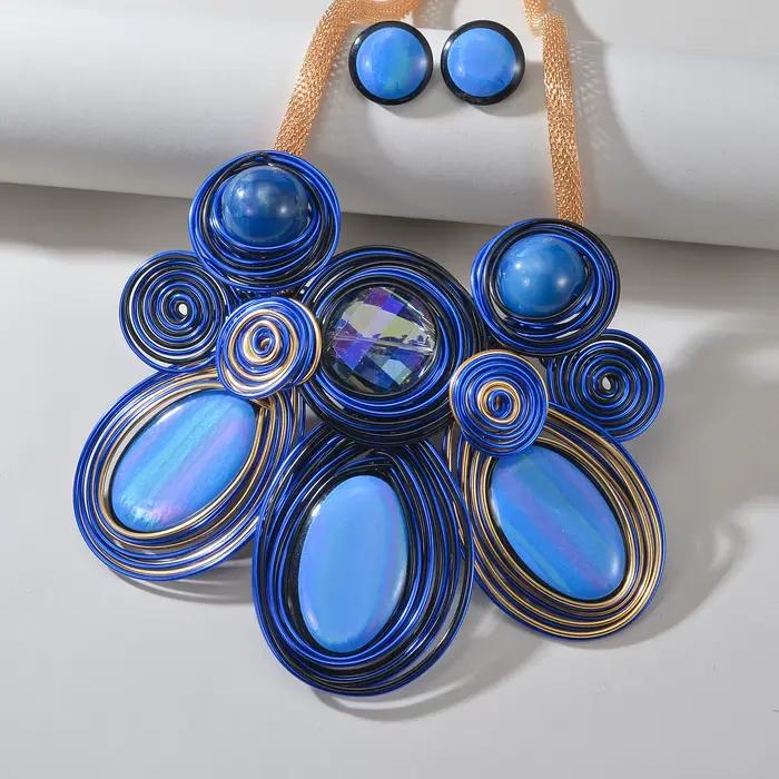 Nouvel ensemble de bijoux fantaisie pour femme, collier et boucles d'oreilles en fil d'aluminium tressé à la main avec perles de cristal, style audacieux et personnalisé