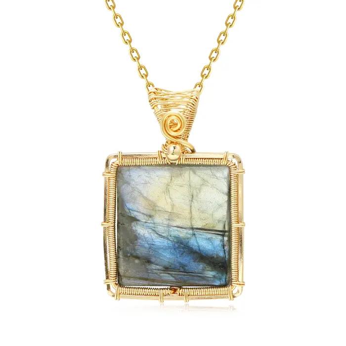 Collier en Labrumen Naturel pour Femme, Baguette Carrée, Pendentif en Pierre Précieuse, Fil de Cuivre Enveloppé, Bijoux, Cadeau pour les Travailleurs