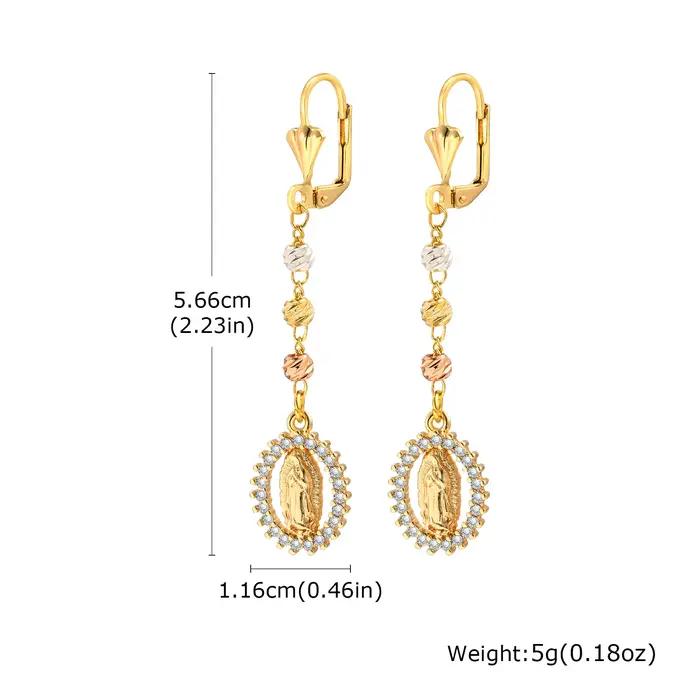 Boucles d'oreilles pendantes vintage religieuses de la vierge marie pour femmes, boucles d'oreilles longues en zircon plaqué or 14 carats, bijoux de prière hypoallergéniques