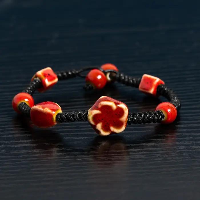 Bracelet en Céramique avec Nministériels d Floral Rouge Fait à la Main