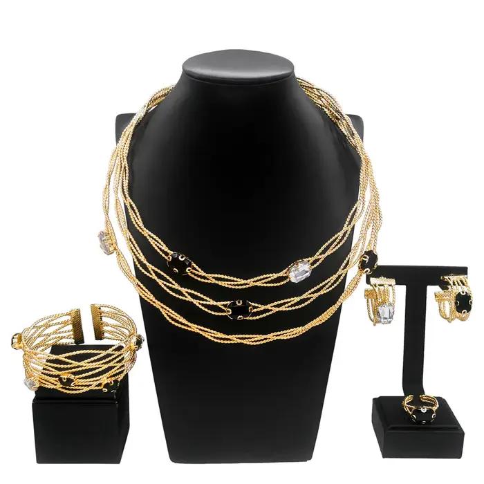 SYBathroom-Ensemble de Bijoux de Luxe pour Femme, Classique, Noir, Blanc, Strass, Plaqué Or, Collier, Bracelet, Original, L 24K