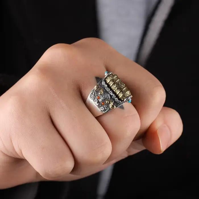 Bague d'écriture bouddhiste rétro pouvant être rotative pour hommes, bijoux de personnalité en argent 925, bague réglable pour Index masculin, Bijou