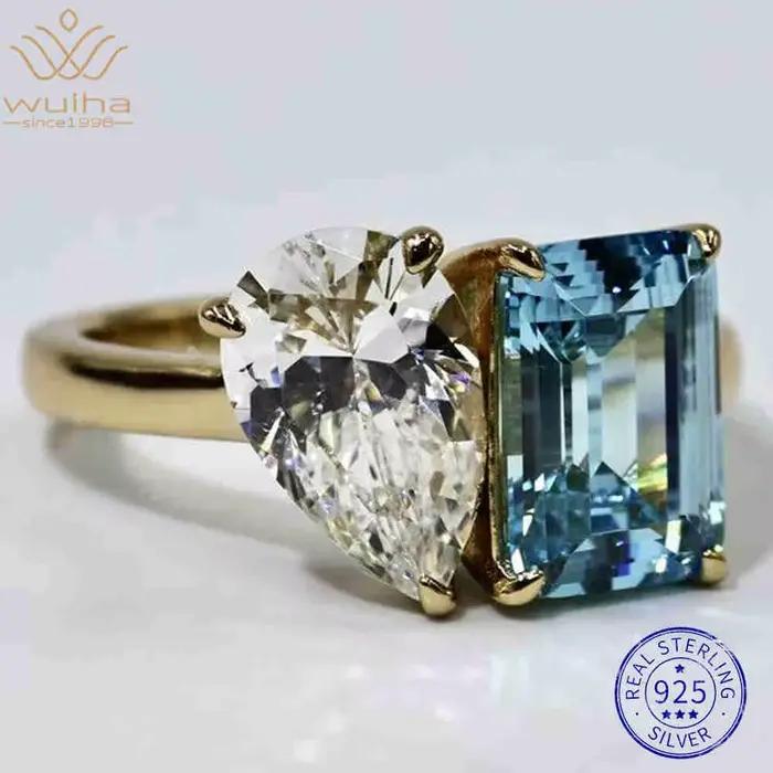 WUIHA 925 argent Sterling aigue-marine émeraude Citrine améthyste diamants à haute teneur en carbone pierres précieuses bague de fiançailles de mariage bijoux fins