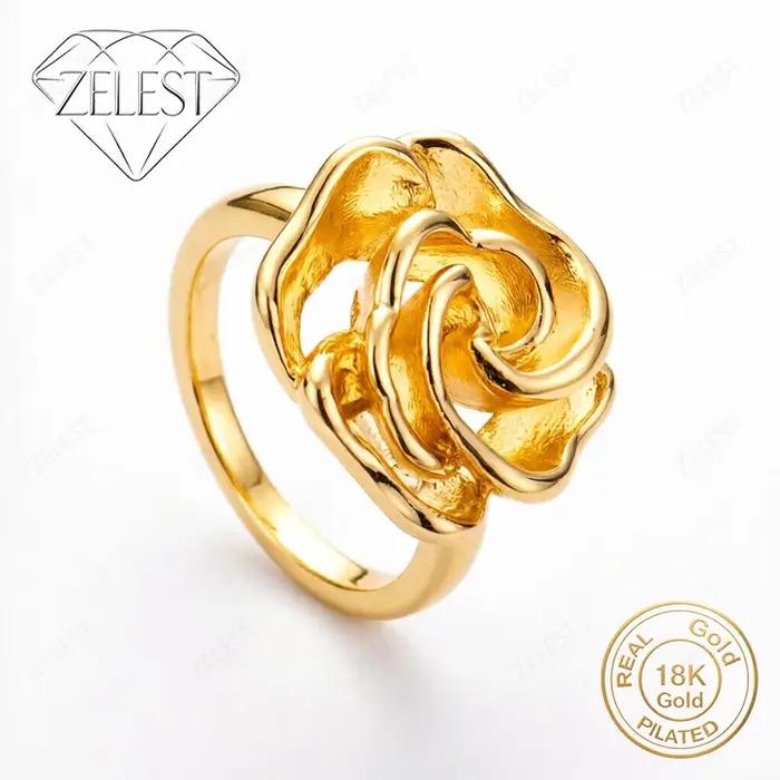 Bague Fleur Rose Exquise en Argent Sterling 925 Plaqué Or 18K pour Femme