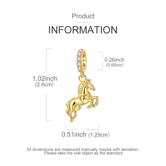 Pendentif porte-bonheur en argent sterling 925 en forme de cheval doré