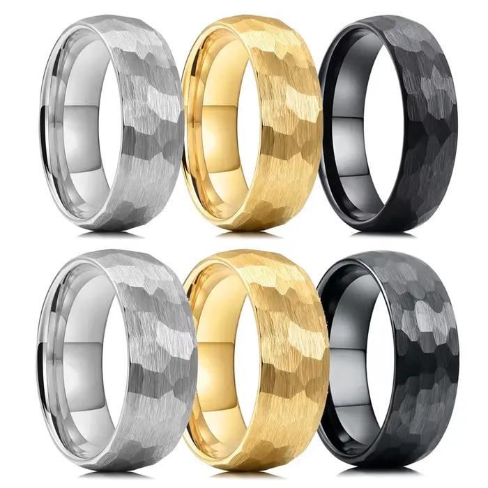 Bagues en titane multi-facettes martelées pour hommes et femmes, bague de Couple en acier inoxydable brossé noir, bijoux de fiançailles et de mariage