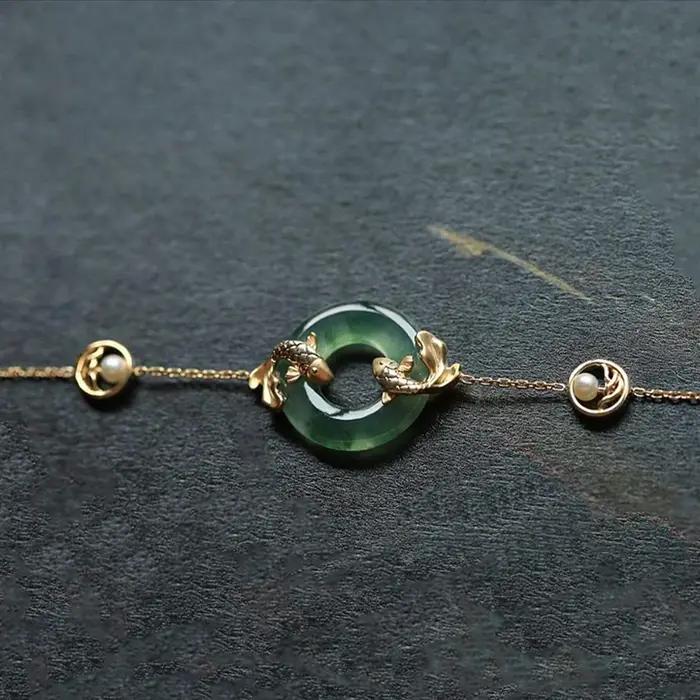 Bracelet en calcédoine naturelle hetian perles rondes de carpe vintage engagement femme occasions spéciales