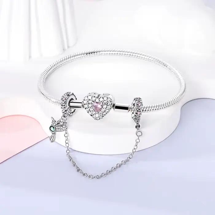 Chaîne de sécurité en argent 925, motif bande de cœurs, perles de charme pour bracelet original, bijoux DIY