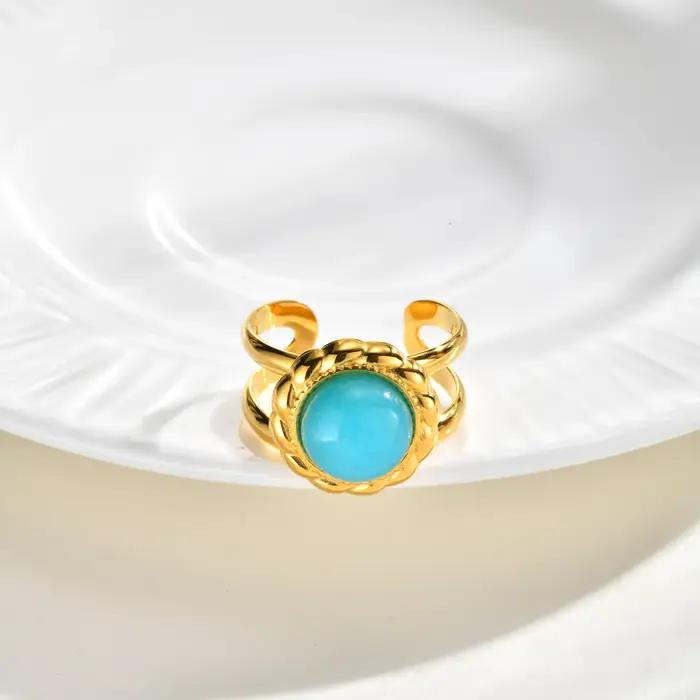 Bague Turquoise Vintage Fleur Plaqué Or Acier Inoxydable Ouverte pour Femme Bijou Tendance