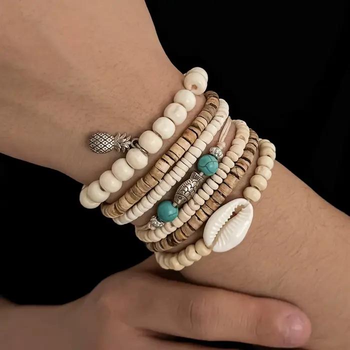 Bracelets vintage multicouches en perles de bois avec breloques en forme de poisson et d'ananas pour homme style bohème occasions spéciales