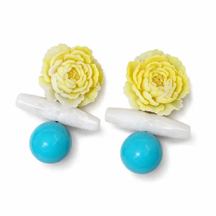 Boucles d'oreilles en acrylique motif pivoine fleurs jaunes dégradées billes bleues style rétro macarons colorés pour femmes occasions spéciales