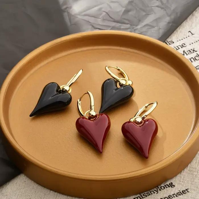 Bijoux fantaisie, boucles d'oreilles pendantes en forme de cœur en émail