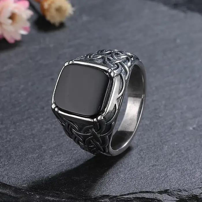 Bague en argent naturel 10x12mm, grande pierre d'agate noire, bague Vintage pour femmes, cadeaux de fête