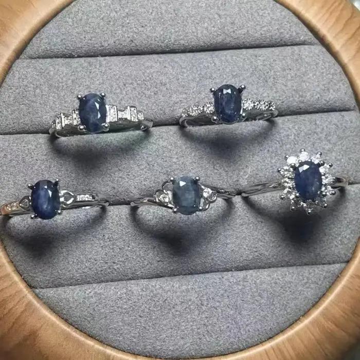 Bague réglable en saphir noir naturel de faible qualité, 5 anneaux, environ 5x7mm, AKAC, envoyée au