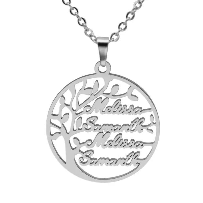 Collier ras du cou personnalisé en acier inoxydable avec pendentif cercle Arbre de Vie et 1 à 4 noms