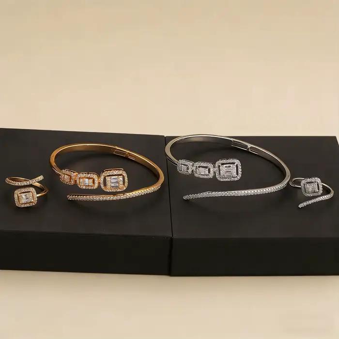 Ensemble de bracelet et bague en zircone cubique avec design or et or jaune clair pour femmes occasions spéciales