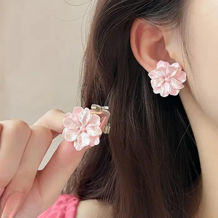 Boucles d'oreilles à tige fleur rose en résine mode coréenne moderne camélia acrylique mignon accessoires de bijoux de fête pour femmes occasions spéciales