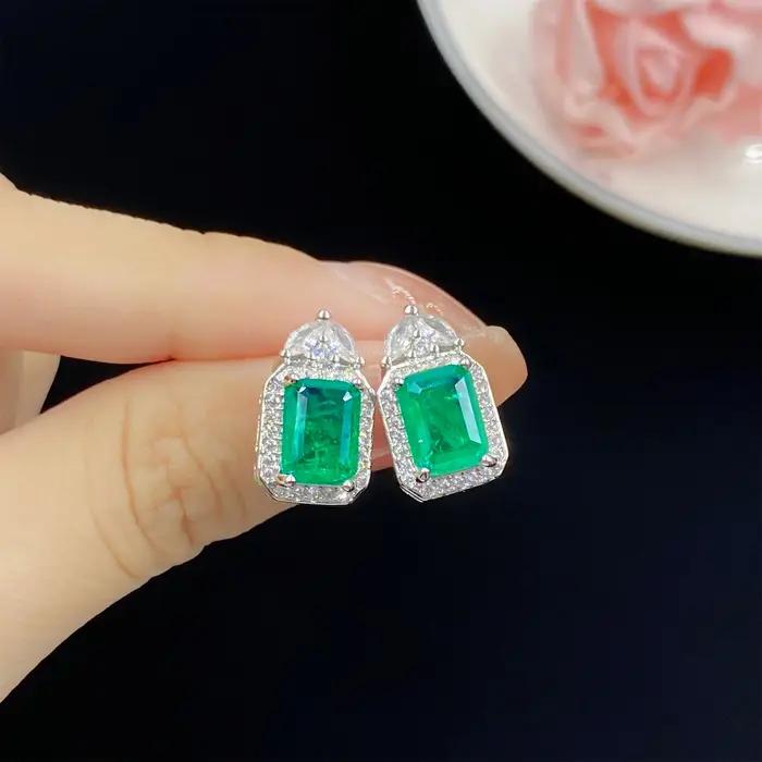 Simulation émeraude tourmaline plein diamant luxe princesse carré ouverture anneau pendentif boucles