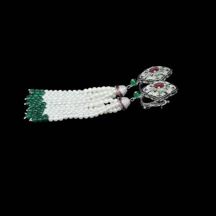 Bellux bijoux conception Unique 925 argent Zircon sang de Pigeon rubis vert perles Vintage gland perle boucles d'oreilles