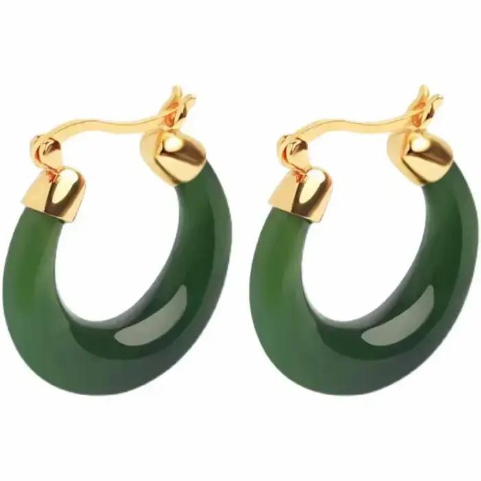 Boucles d'oreilles créoles en jaspe Hetian naturel pour femmes élégantes avec pierre de calcédoine verte pour mariage et occasions spéciales