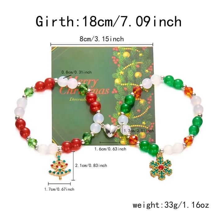 Bracelet de couple de perles de cristal de Noël pour femmes et hommes, vert, rouge, père Noël, arbre, coeur, perles de verre magnétiques, bracelet, bijoux de Noël
