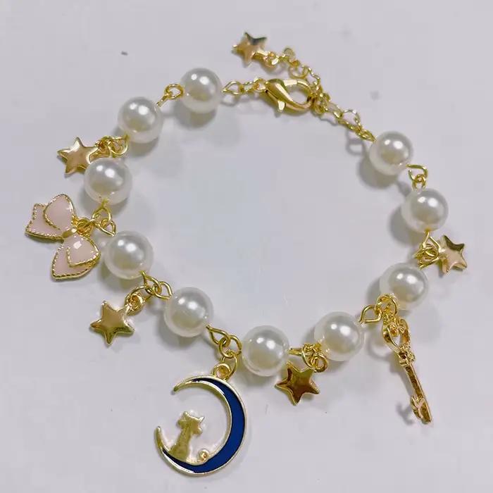 Anime japonais mignon Luna chat sur la lune clé baguette Bracelet à breloques marin lune étoile Brac