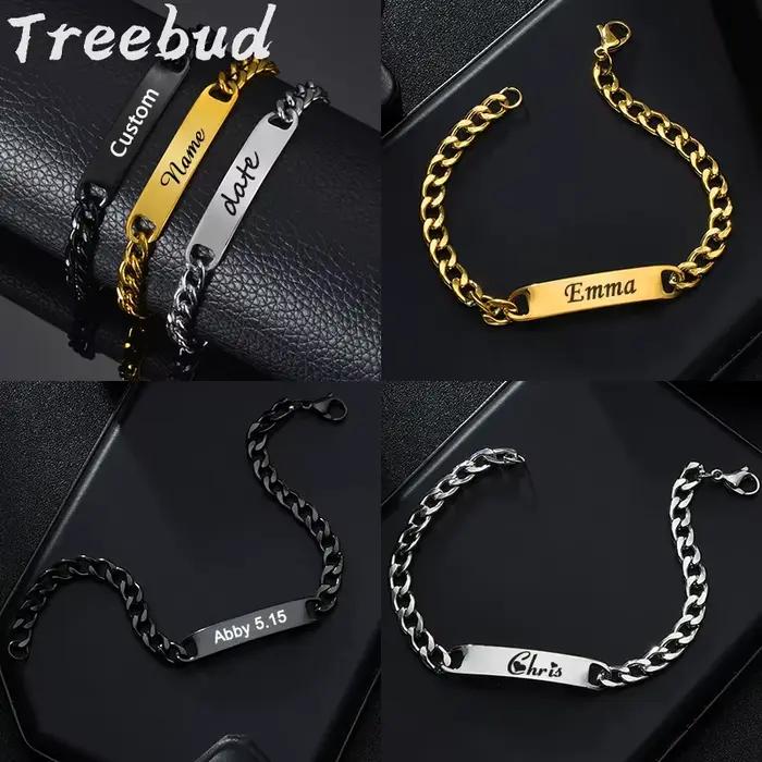 Treebud – Bracelets personnalisés avec nom gravé, en acier inoxydable, pour femmes, hommes et enfants, gravure Laser, étiquette d'identification, cadeaux de famille, bijoux