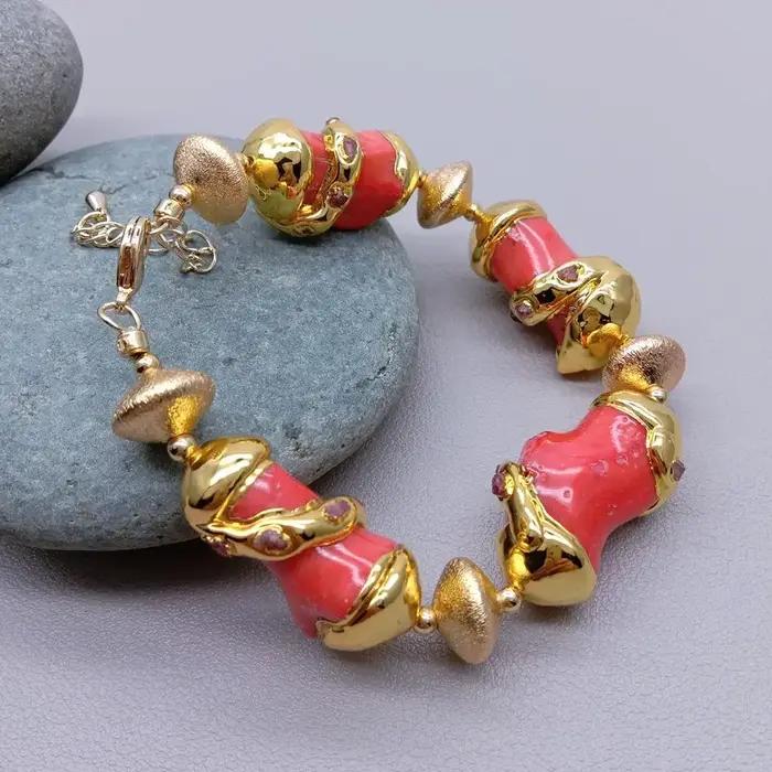 yygem Bracelet pépite plaquée or corail orange