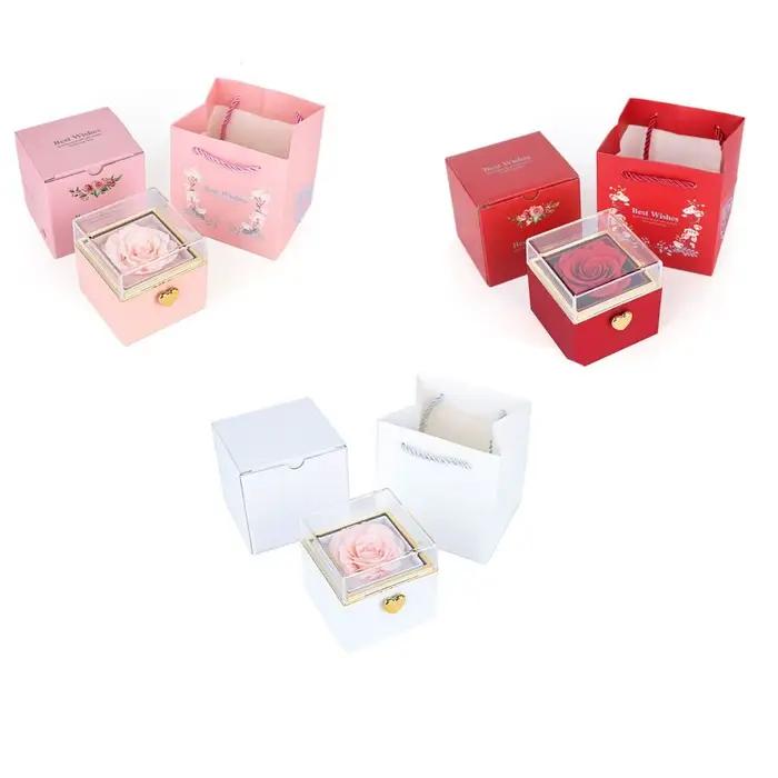 Boîte à bijoux rotative pour rose éternelle, présentoir de bague de fiançailles, boîtes à bagues de luxe, rangement de colliers, présentoir à bijoux