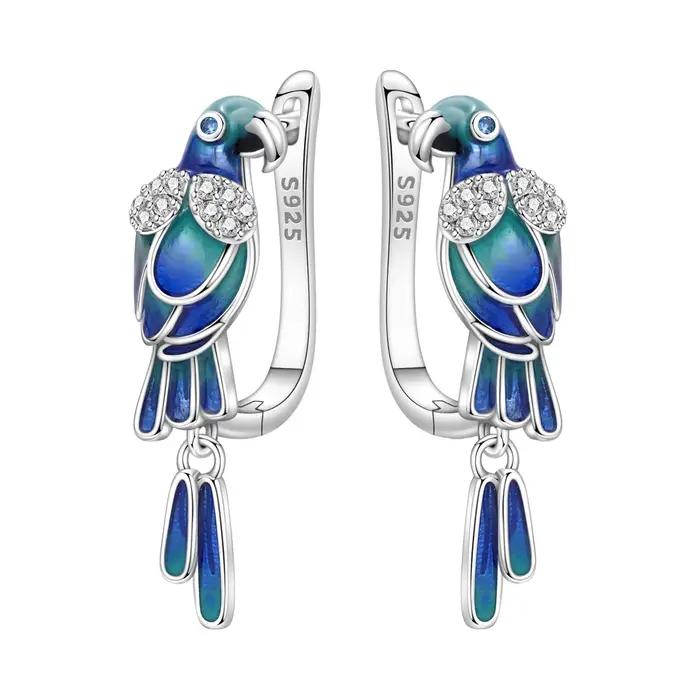 Boucles d'oreilles en argent sterling 925 serties de zirconium blanc et colorées en forme de perroquet et de colibri pour femmes pour anniversaire et autres occasions spéciales