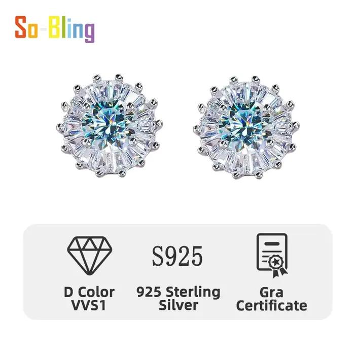 So-Bling 1ct Moissanite boucle d'oreille 925 boucles d'oreilles en argent Sterling pour les femmes élégant Fine