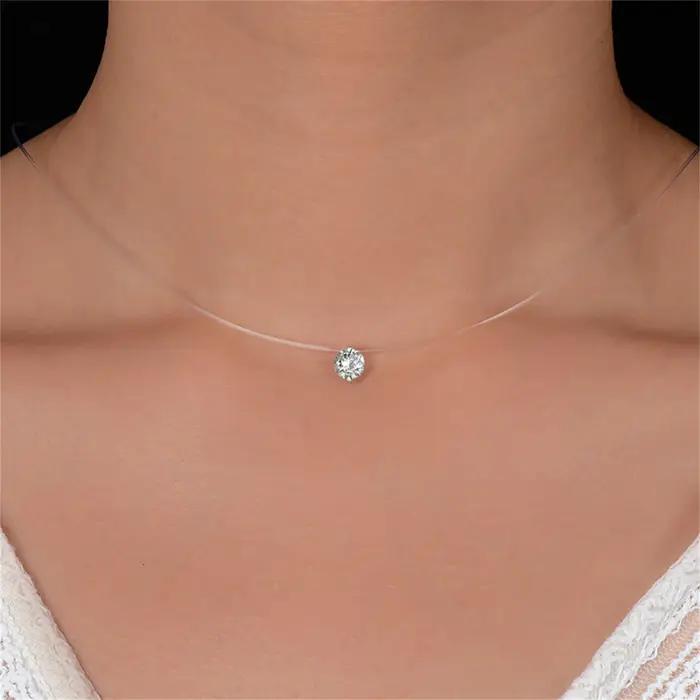 Collier en cristal brillant pour femmes, ligne de pêche transparente, rond en Zircon, ras du cou, ch